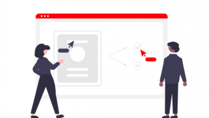 stylized man and woman in suits gesturing at graph